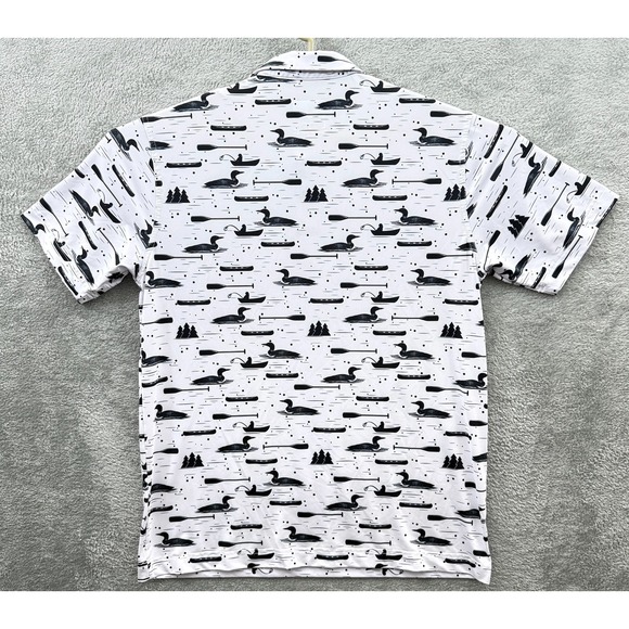 Waggle Polo Shirt Mens Large White Loon Lake Fish Boat Golf Performance Stretch - Picture 3 of 6